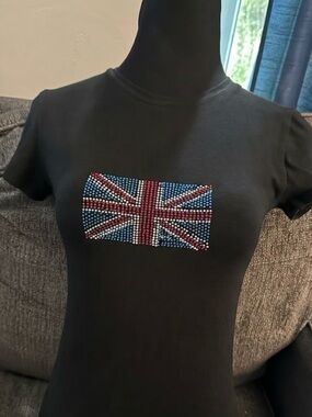 Women's Y2K Vintage London Black Short-Sleeve Tee with Rhinestone Union Jack